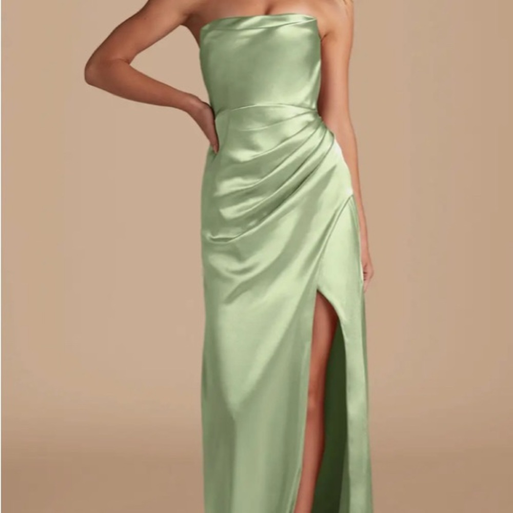 Azazie Strapless Metallic Satin Dress in Dusty Sage Color